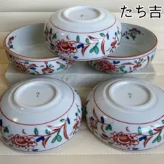 九谷焼 穂光作 輪花鉢 5枚セット 小鉢 色絵 花紋 ボウル 牡丹 ボウ和
