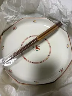 たち吉　黄地　赤絵小花　取り鉢揃　箸付　大浅鉢大皿１客　小鉢５客