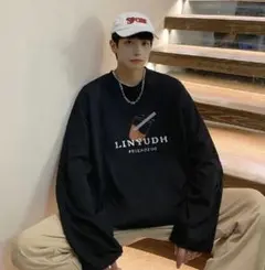 ロンT ワンポイント 長袖Tシャツ ロゴ ドリンク柄 ストリート ブラック L