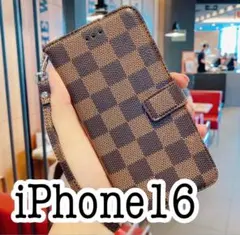 iPhone16 チェック柄手帳型ケース　ブラウン　茶色