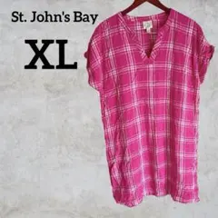 St. John's Bay 【XL】ピンク チェック 半袖チュニック 大きめ