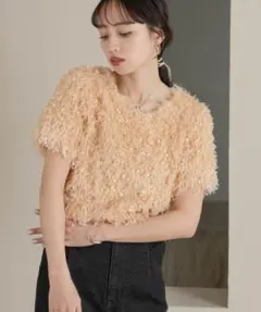 hinari サーモンピンク フェザーヤーン半袖プルオーバー