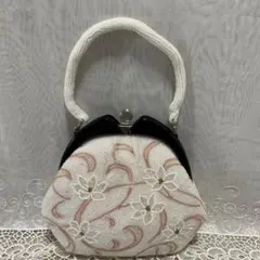 総ビーズ 総柄　花模様　昭和 レトロ ハンドバッグ　ホワイト　ピンク