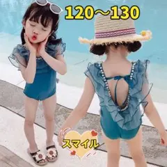 キッズ水着　チュールフリル　ネックパール　ワンピース　女の子服夏物120〜130