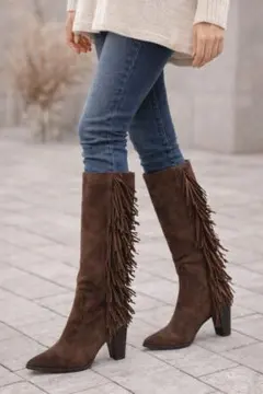 ZARA 本革スエード フリンジ ロングブーツ 23cm 人気