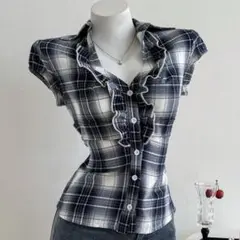 SHEIN ノースリーブ 半袖 フリル ボタン チェック シャツ