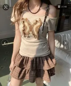 柄アソートミニ丈ティアードスカート　ブラウン