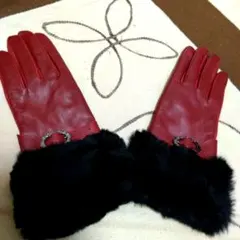 新品★レザーグローブ レッド ブラック ファー付き ラムスキン