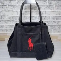 ポロ ラルフローレン トートバッグ ビッグポニー 黒×赤 ポーチ・底板付 A4可