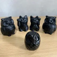 【フクロウ＆招き猫 置物 5点セット】ブラック インテリア オブジェ