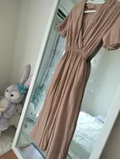 ベージュ 半袖 シャツワンピース ロング