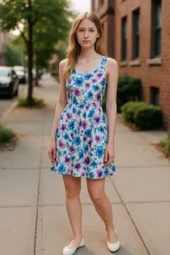 CECIL McBEE青と紫の花柄ノースリーブミニワンピース