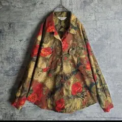 ヴィンテージ 総柄シャツ 花柄 バラ 黒赤 オープンカラー 古着