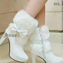 ファー付きヒールブーツ リボン付き ハイヒール 飾り付き ショートブーツ d0