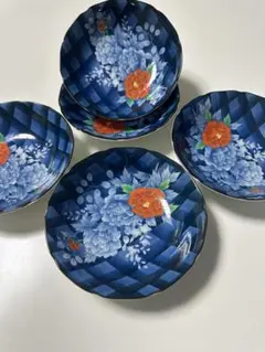 青色チェック柄の花模様皿 5枚セット