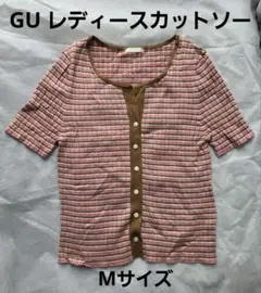 GU ボーダー柄 半袖 リブニット トップス ピンク Mサイズのサムネイル