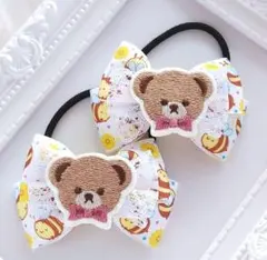 (316) 春 ハチさん柄リボン ヘアゴム♡ ハンドメイド レース くま 白 黄