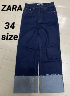 ZARA ロールアップ デニムパンツ インディゴ 裾フリンジ 34サイズ