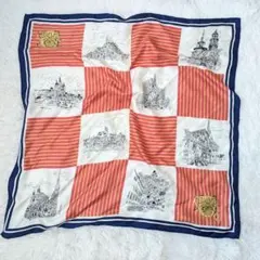 極美品 manipuri スカーフ バンダナ オレンジ 街並み柄 シルク100