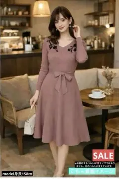 JUSGLITTY ビジュー付き配色リブニットフレアワンピースMふんわりスカート