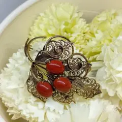 昭和レトロ　フィリグリー　ジャスパー風　ブローチ　ゴールド　/M208