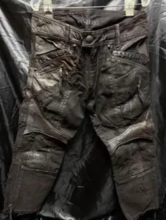 14th Addiction /コーティングレザークロップドデニム ダメージ加工