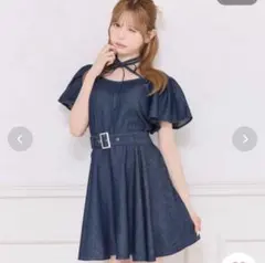 apres jour リボンネックデニムミニワンピース　インディゴブルー