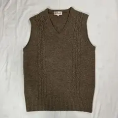 Vネック ニットベスト ブラウン L ケーブル編み ウール100%古着