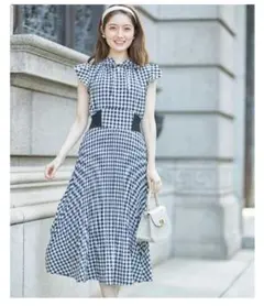 超美品 レリアン チェック柄 半袖ロングワンピース 9号 M 花ボタン