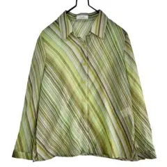 日本製 ヴィンテージ ストライプ柄 シャツブラウス 長袖 緑 M相当 レトロ