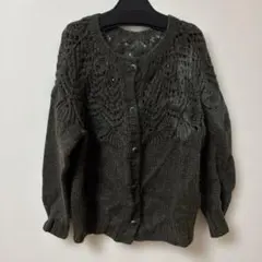 手編み　ハンドメイド　編み物　ダークグリーン レース編みカーディガン