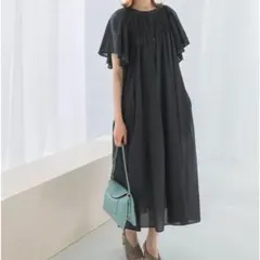 フレアスリーブウエストベルトワンピース チャコール