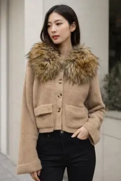ZARA ベージュ ファー付きカーディガン