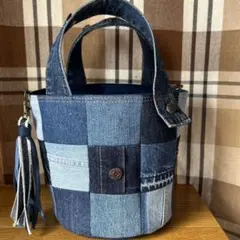 デニムリメイクバッグ丸底バケツ型トートバッグ