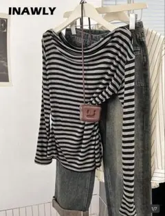 shein ストライプ オフショルダー長袖 Tシャツ L