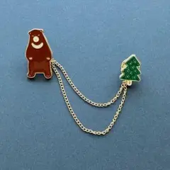 森の熊さん　ダブル　ピンバッチ　チェーン付　ブラウン　クリスマス　簡易ラッピング