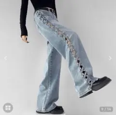 ライトブルー サイドレースアップ デニムパンツ