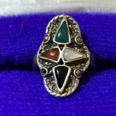 シルバー925アンティークリング カラーストーン4色&マーカサイト