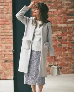 2WAYフォックスファー付きポケットフラワーモチーフ装飾コーディガン