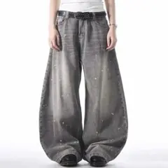グレー ペイント加工 ワイドレッグデニムパンツ　バギーデニム