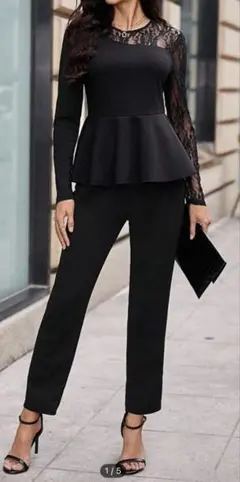 ブラック ペプラムトップス パンツセットアップ