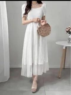 【シーイン】ホワイト パフスリーブ ドレス ロングワンピース 半袖 サイズM