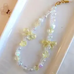 【No.22 】ビーズストラップ クリアイエロー 黄色リボン きれいめ