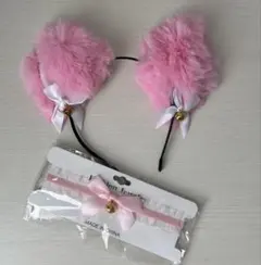 ピンク猫耳カチューシャとチョーカーセット 猫コスプレ　仮装