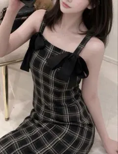 チェック柄ダブルリボンキャミソールワンピース[tg923]