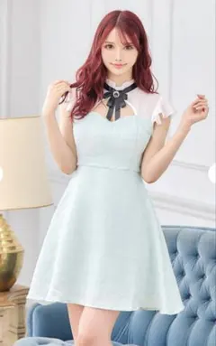 ライトブルーツイードドレス フリル・リボン付き