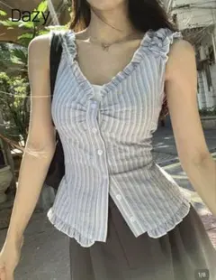 SHEIN DAZY フリルストライプ ノースリーブトップス