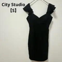 City Studio 黒 ナイトドレス 【S】 フリル レースアップ スリム