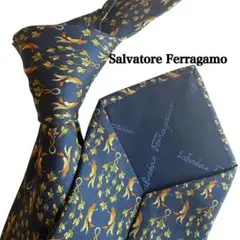 Salvatore Ferragamo フェラガモ　紺ネクタイ 花柄鳥柄