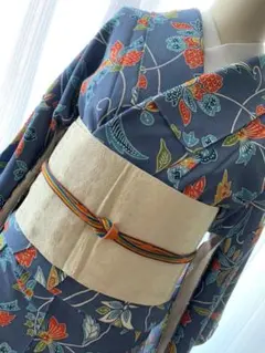 ブルー系 小紋 紅型風 ちりめん着物 単品